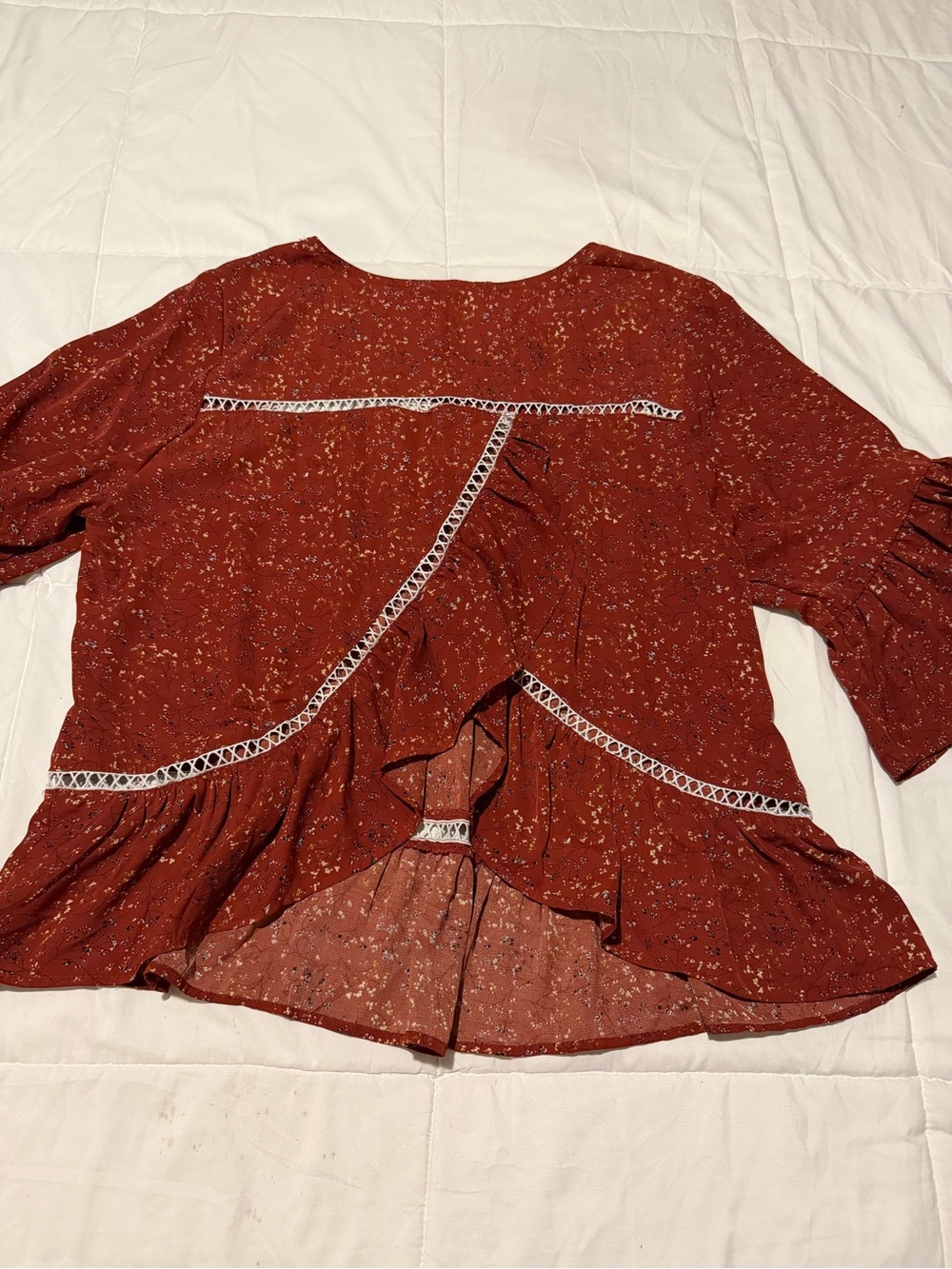 Umgee Rust Red Floral Ruffle Sleeve Tunic - Picture 6 of 6